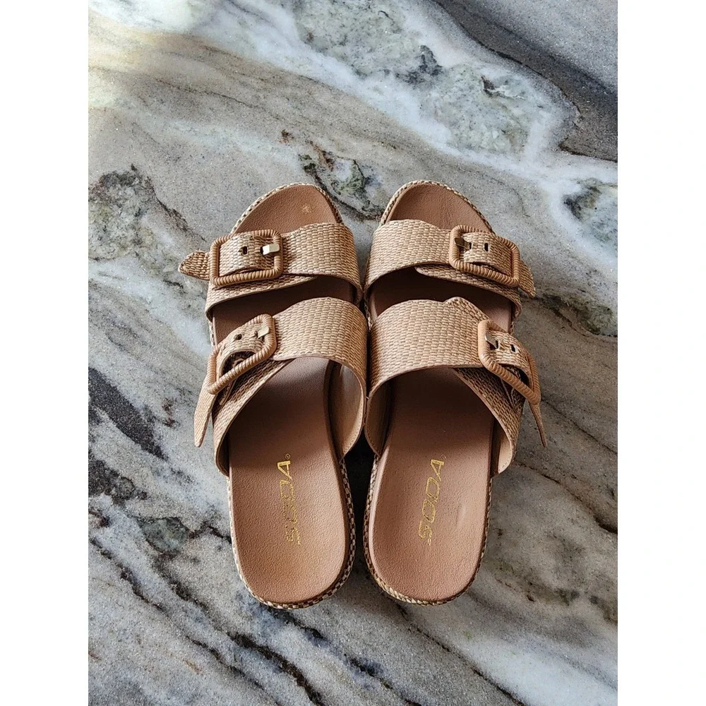 Boutique Womens Woven Espadrille Platform Slide Sandals Tan Size 7 Boho Coastal